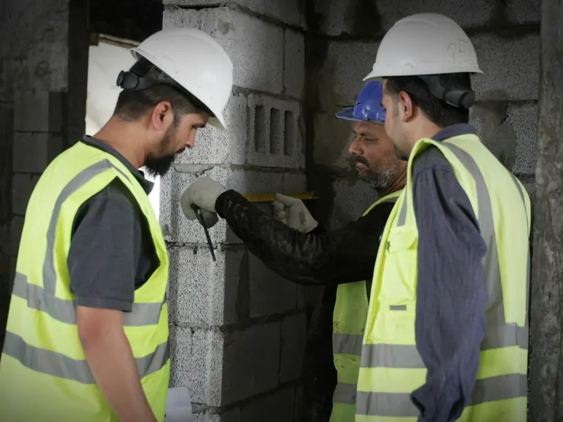 Construction crew measuring a block wall