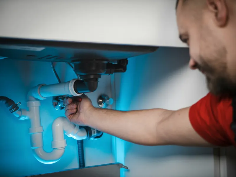 Plumber fixing the pipes under a sink